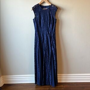 Aidan Mattox Blue Sheath Maxi Dress Sleeveless Crew Neck
